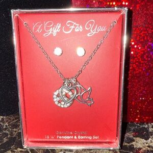 Silver Heart, Peace Charm and Bird Pendant Necklace Set